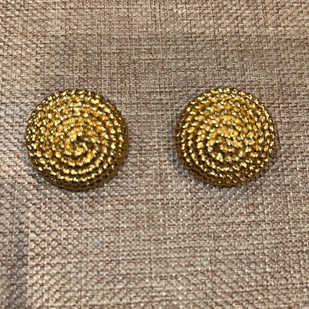 Vintage Monet Gold Tone Textured Dome Shape Round Clip On Earrings, Signed